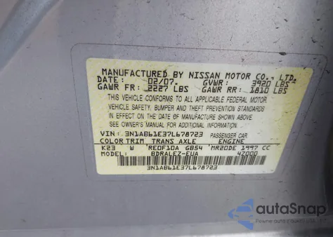 2007 Nissan Sentra 2.0S z USA, uszkodzony, nr VIN 3N1AB61E37L678723